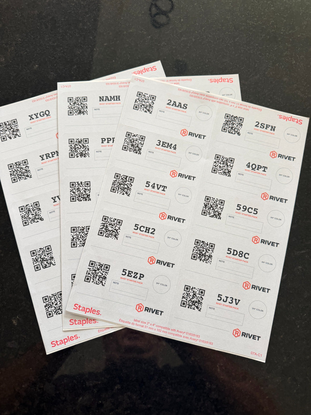 Prototype RIVET Starter Pack QR label sheets showing 60 label format